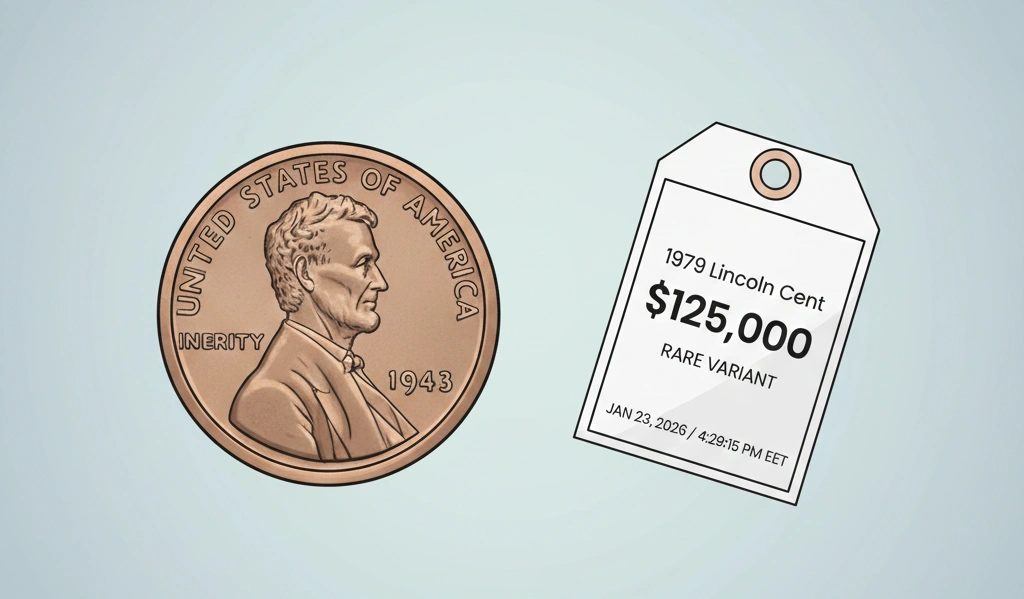 A price tag floating next to a 1979 penny illustration