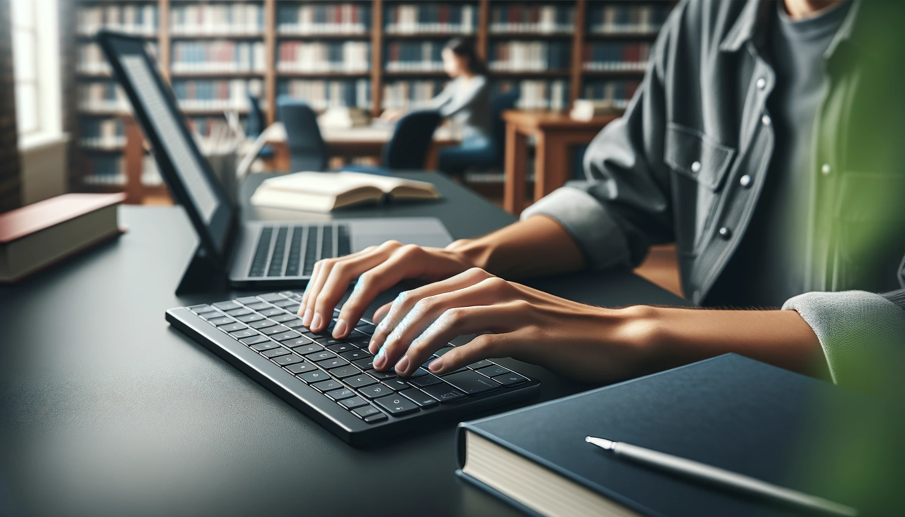 a university student using a wireless keyboard at a study desk
