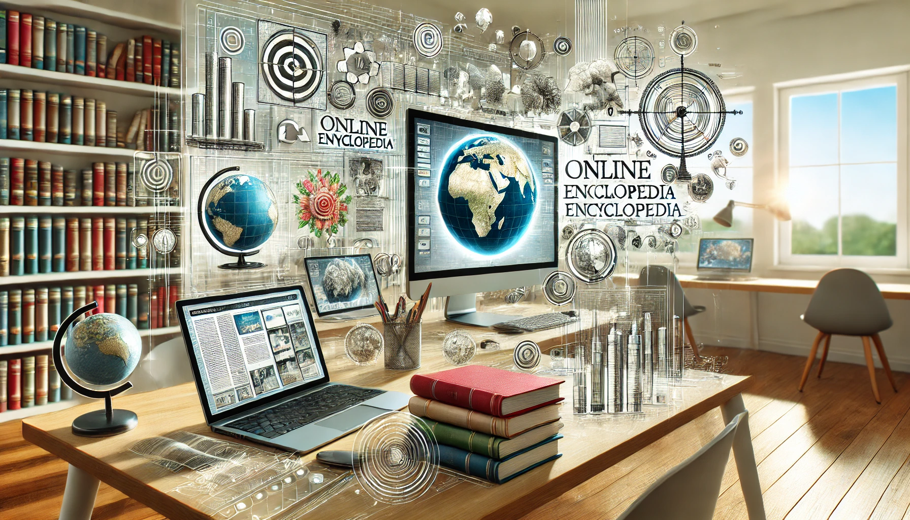 A modern digital workspace illustrating the latest advancements in online encyclopedias, featuring a diverse array of multimedia elements such as interactive maps, animations, and digital tablets displaying rich content.