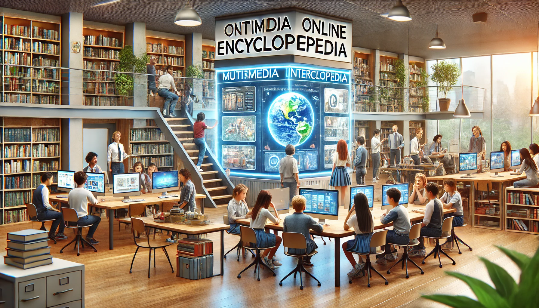 A detailed educational environment depicting a collaborative learning space facilitated by the latest online encyclopedia technology.
