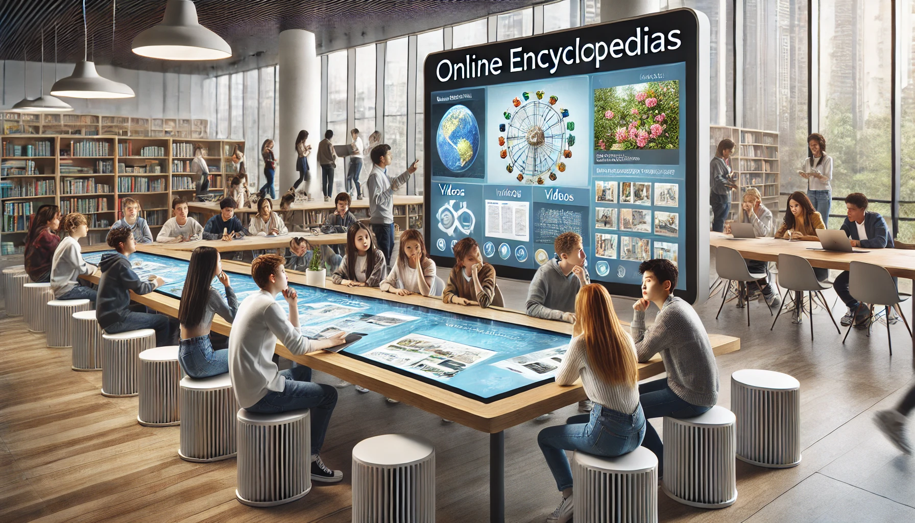 A modern educational setting featuring state-of-the-art technology for accessing online encyclopedias