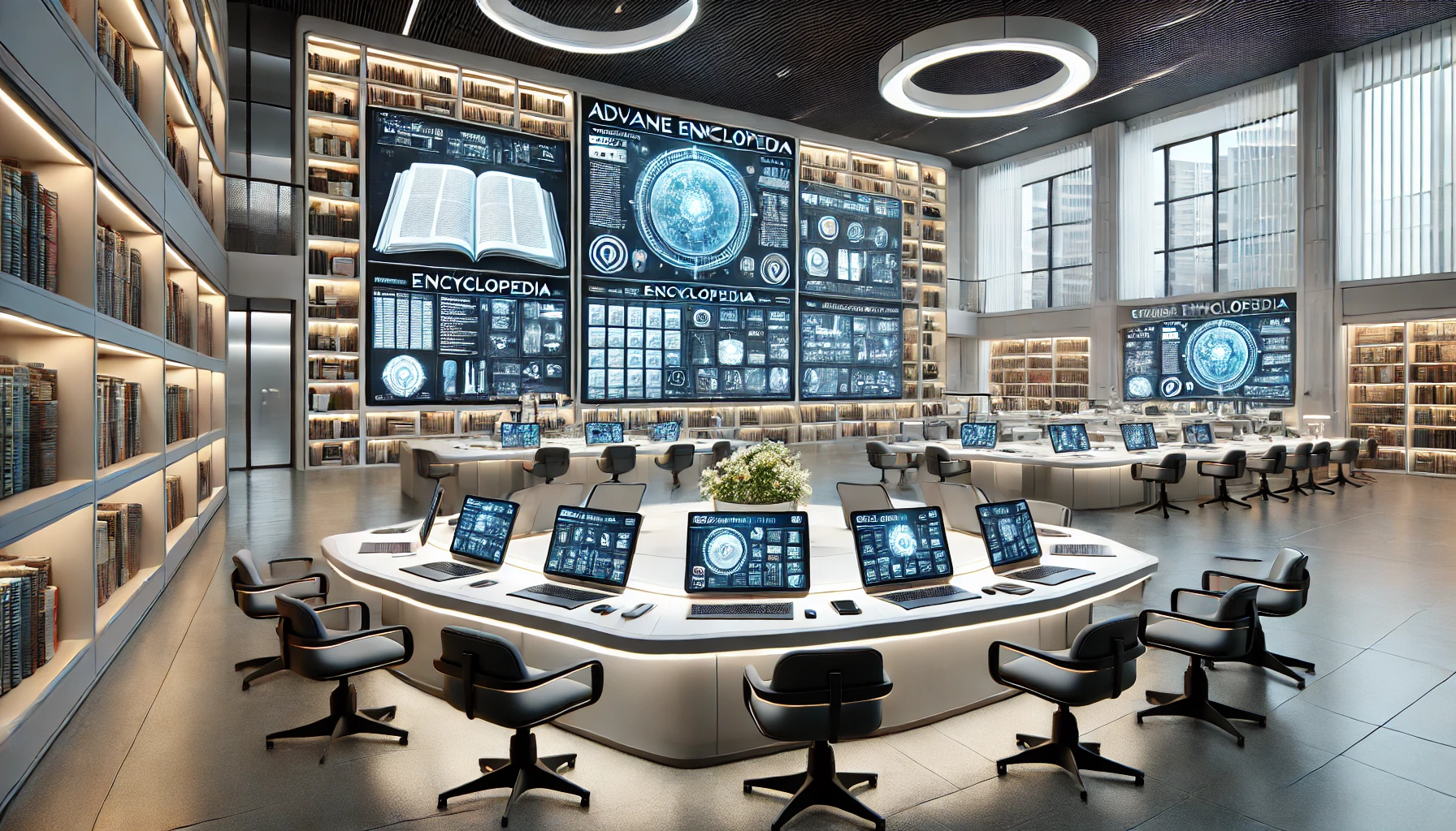 A modern educational setting without humans, illustrating the use of advanced online encyclopedias.