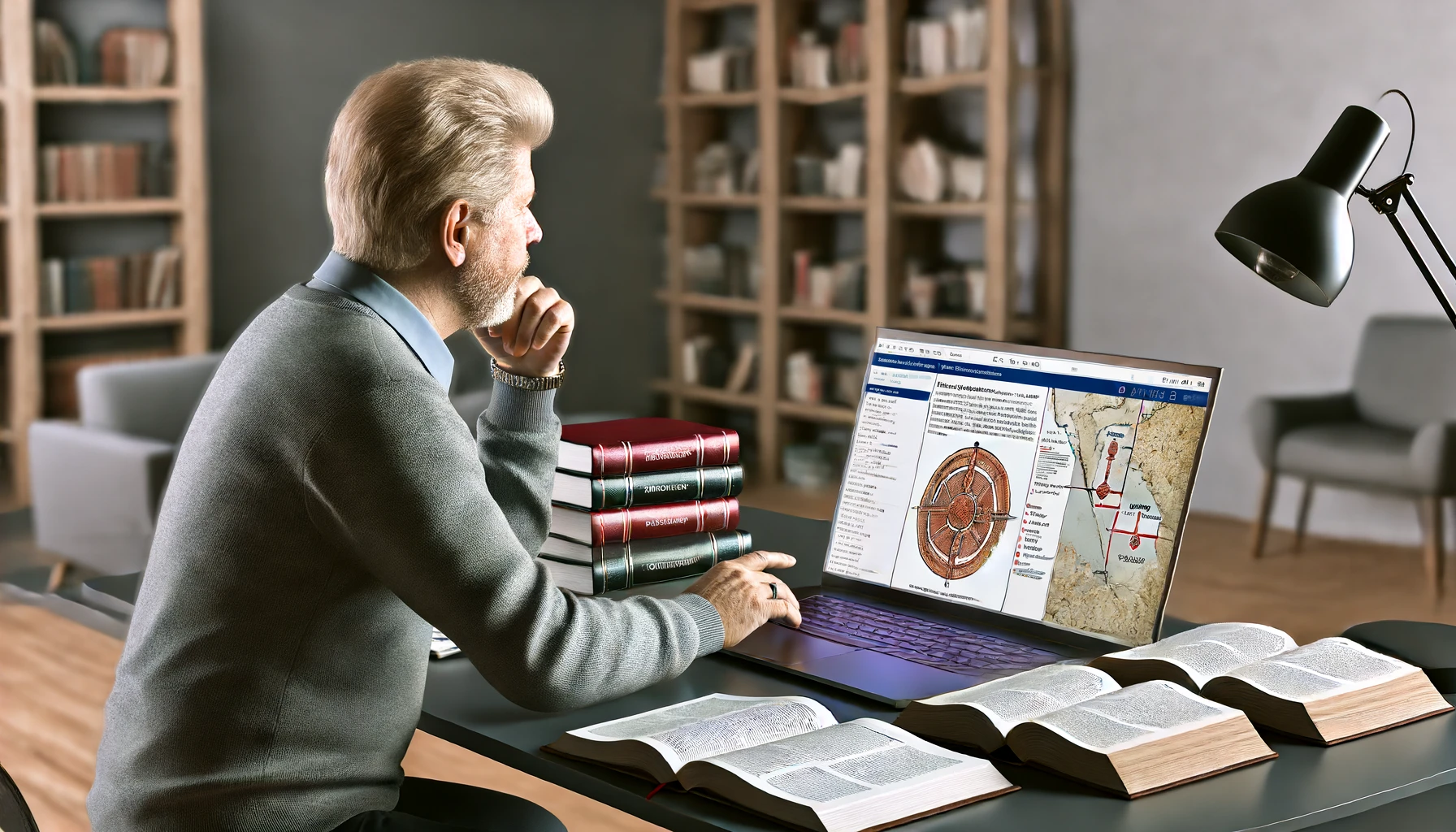 a scholar deeply engaged in research using an online encyclopedia in a contemporary study room