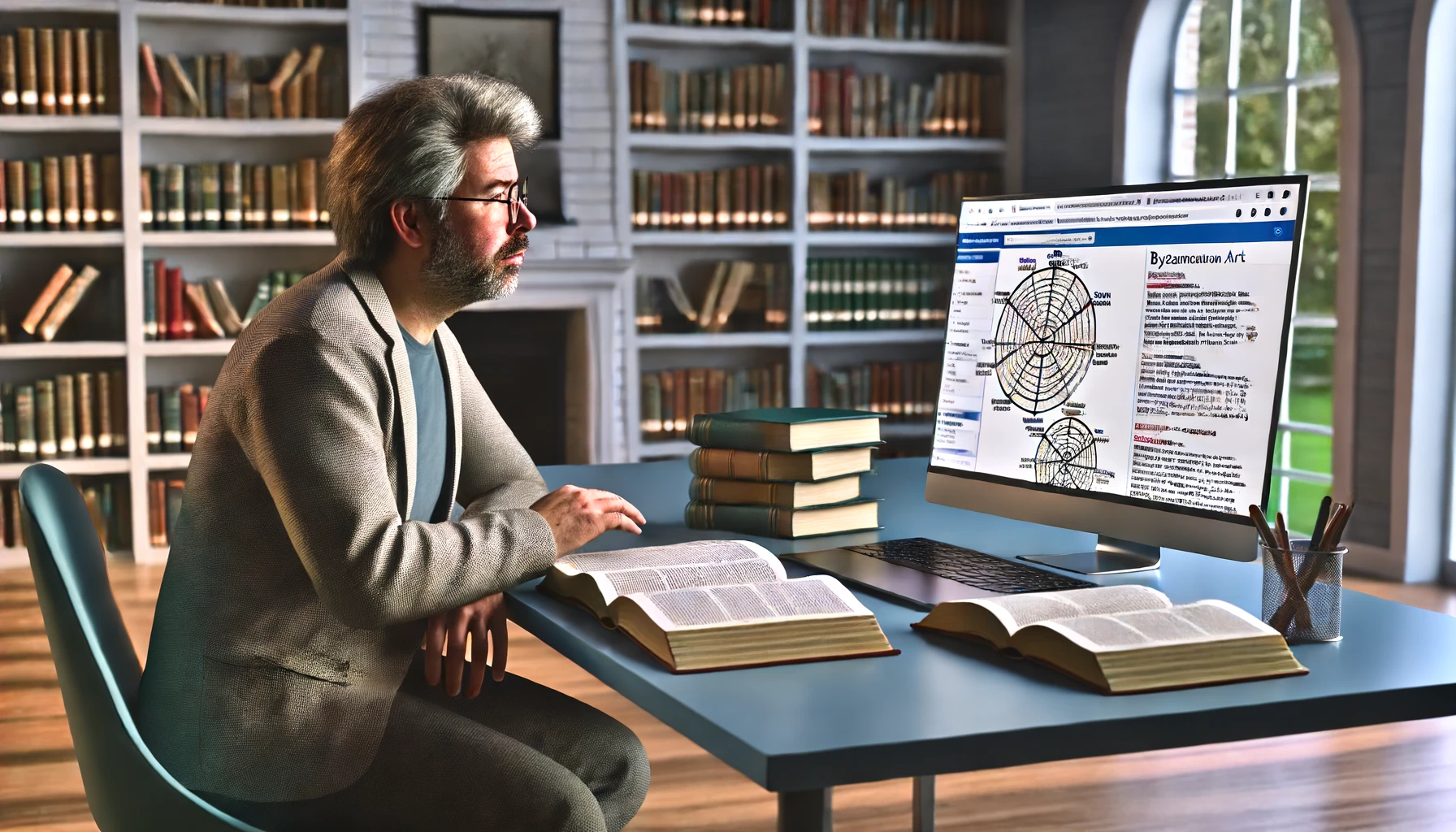 the serene and intellectual atmosphere of the study, where the scholar is exploring topics on ancient civilizations