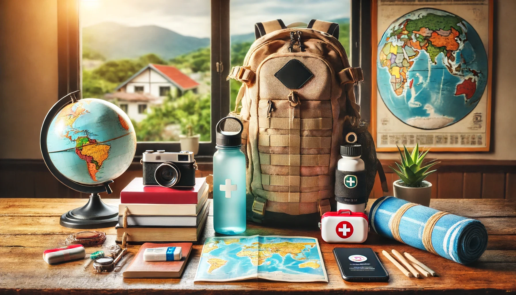 A detailed view of a traveler's essentials for safety: a neatly arranged backpack, travel guidebooks without titles, a map, a reusable water bottle, a first aid kit, and a smartphone showing a location tracking app on a wooden table. 