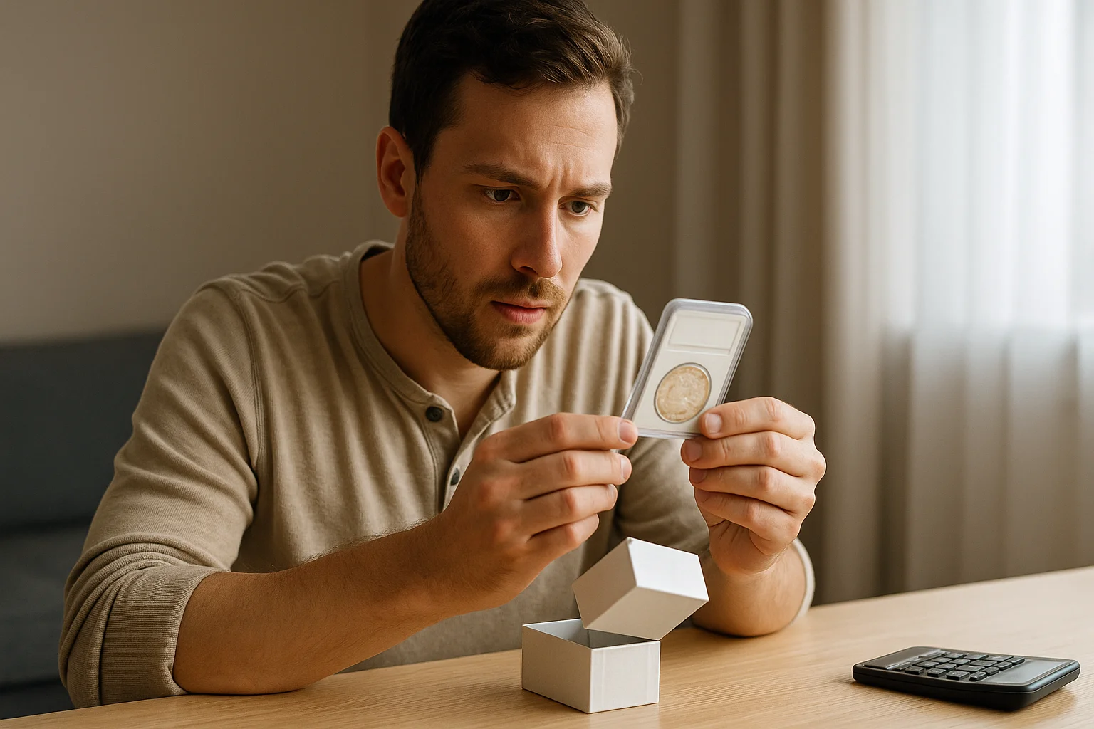A collector carefully opens a small box and examines a newly graded coin in its slab, studying the result with focused anticipation.